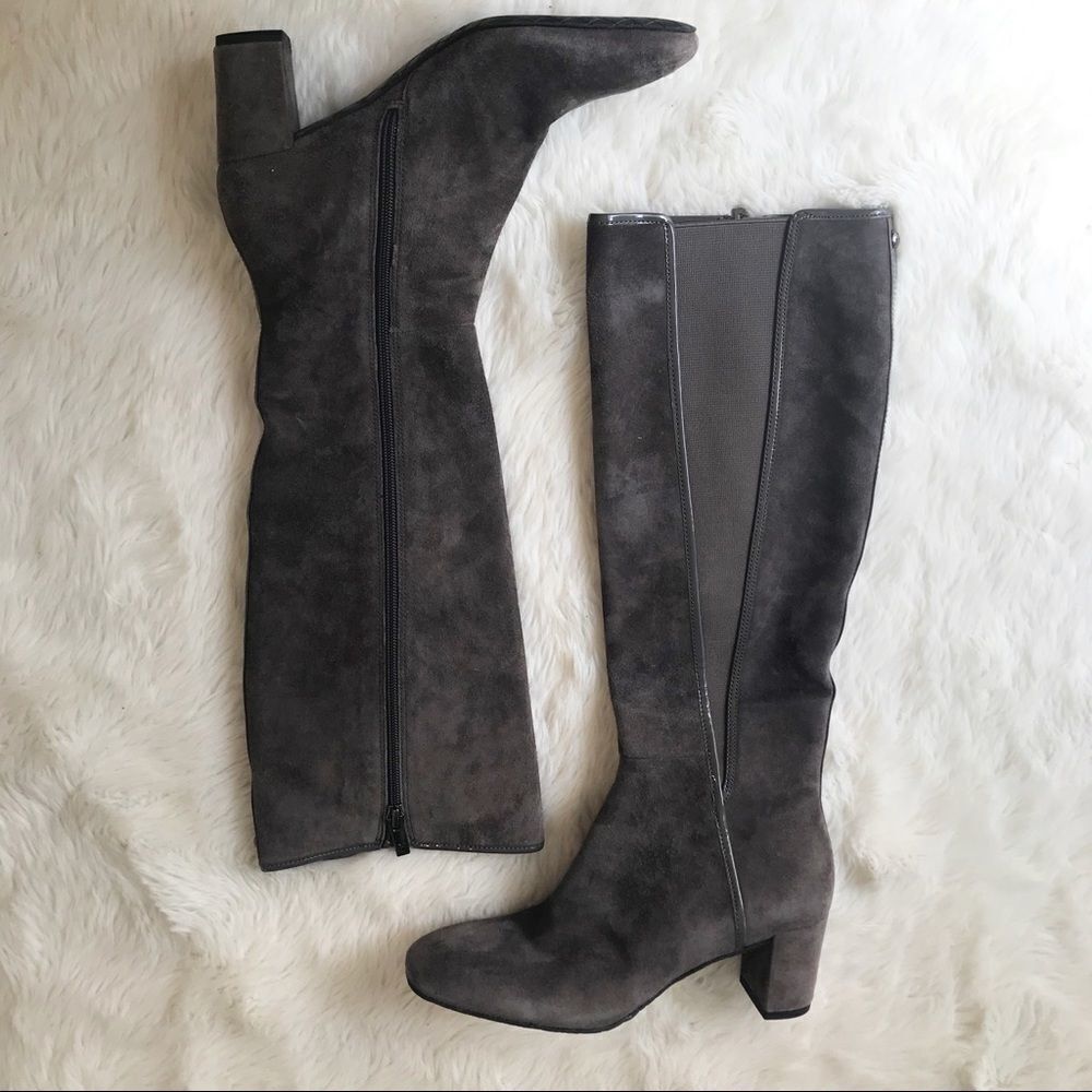 DONALD PLINER Suede Knee High Boot Chunky Heel Round Toe Taupe Gray Size 6.5 - Picture 4 of 14
